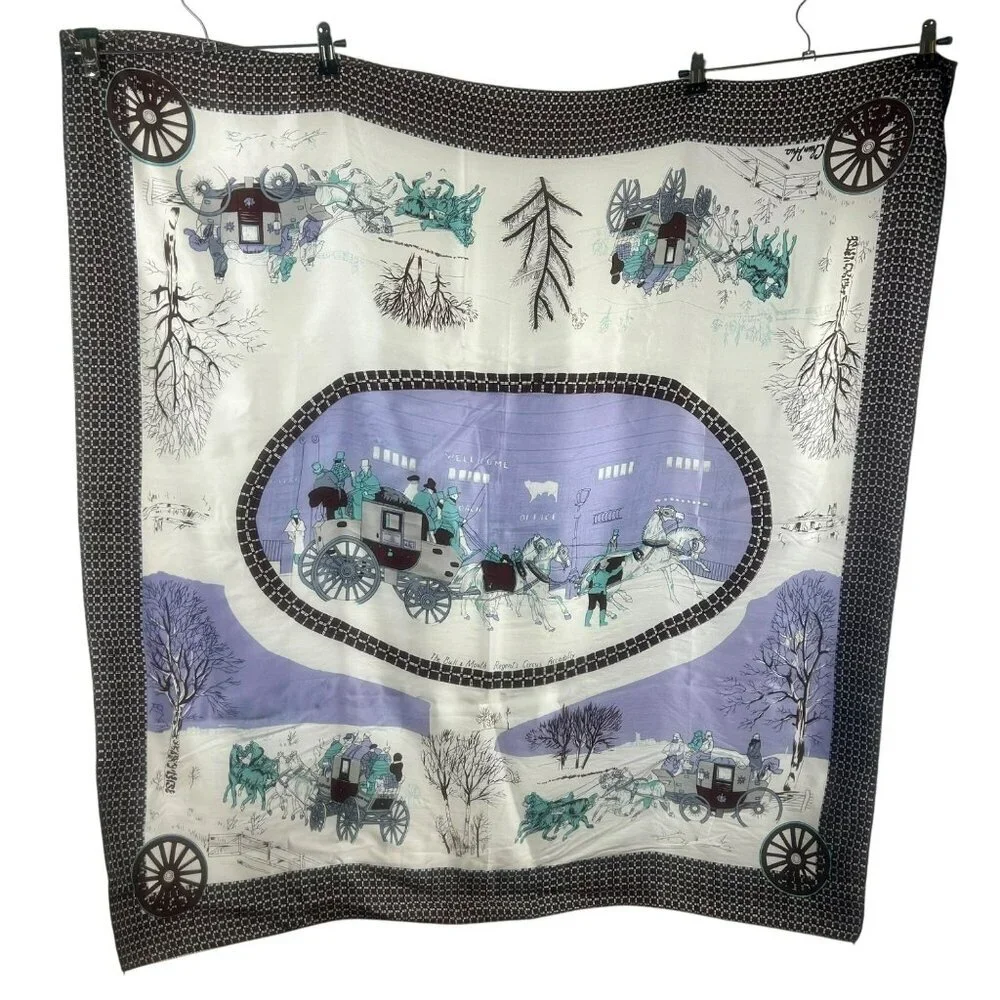 Vintage Chun‎ Hua Silk Scarf Women Square Horse Carriage Equestrian England Pub